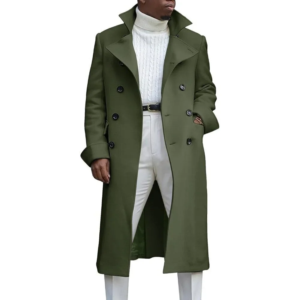 Men's Army Green Notch Lapel Double Breasted Trench Coat Cotton Blend Pea coat